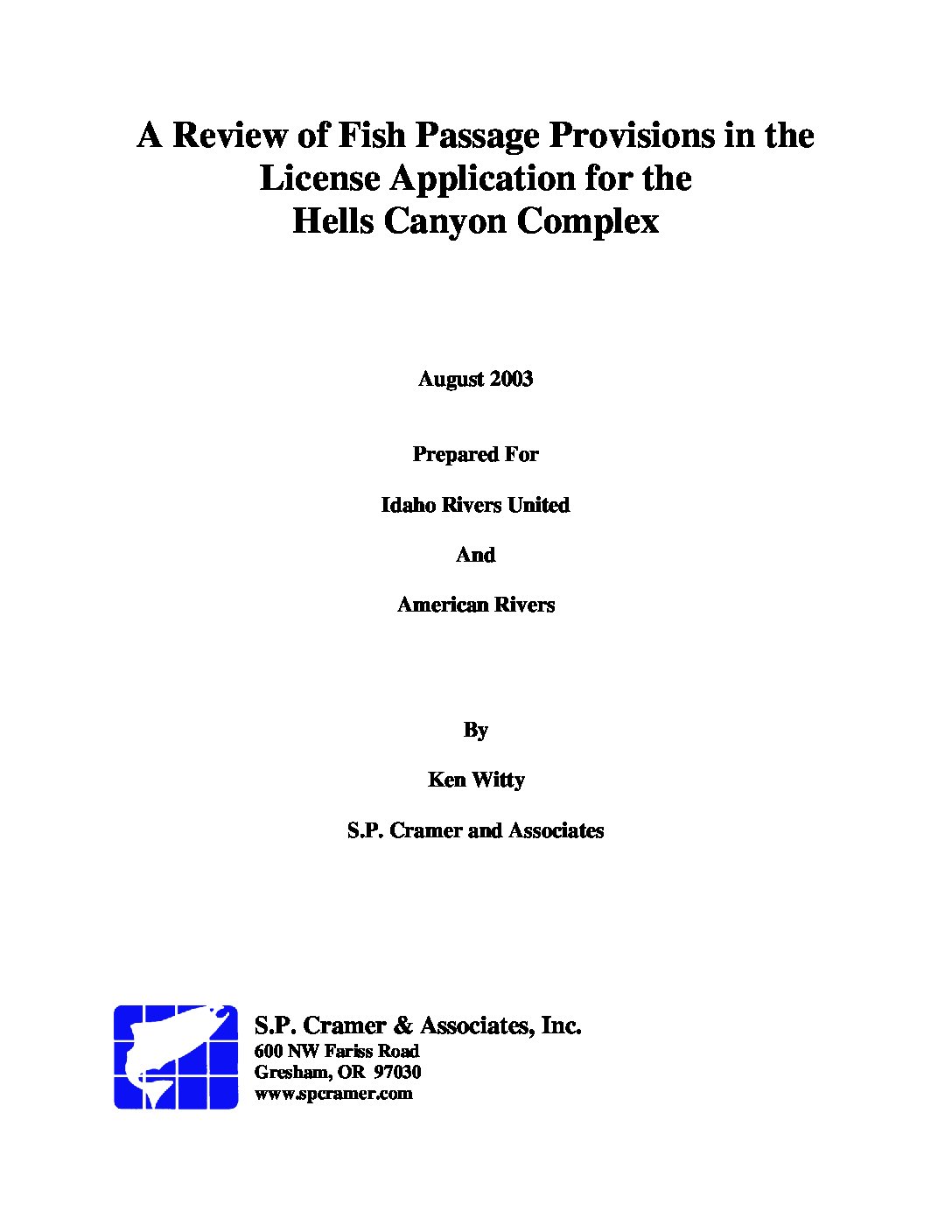 A Review of Fish Passage Provisions in the License Application for the  Hells Canyon Complex