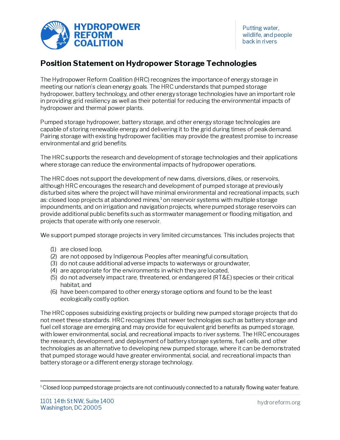 Position Statement on Hydropower Storage Technologies
