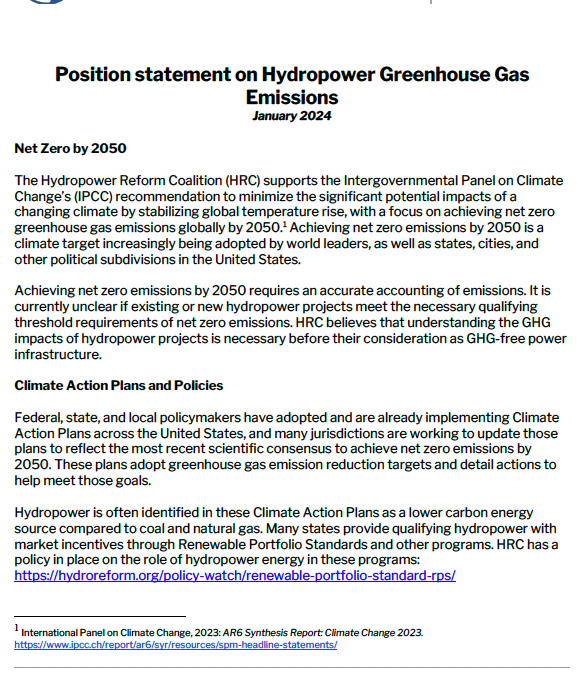 Position statement on Hydropower Greenhouse Gas Emissions
